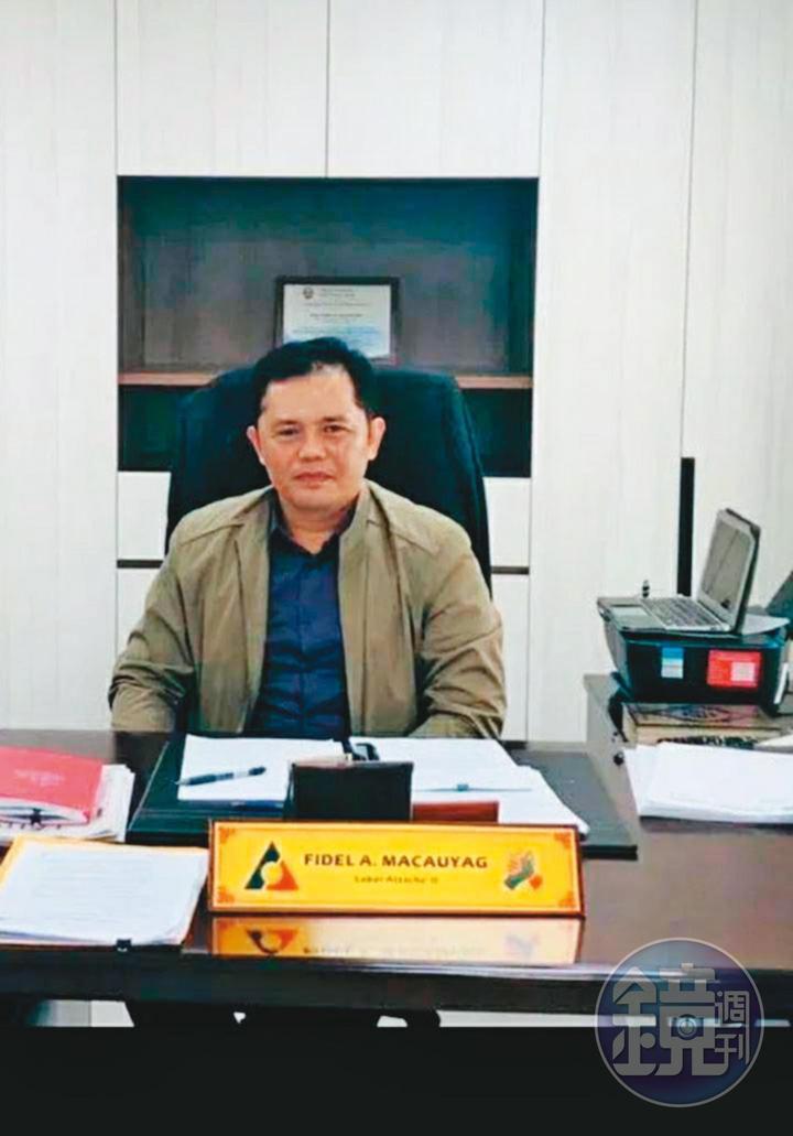 菲國駐台官員馬考雅格（圖）以歐迪朵觸犯網路誹謗罪為由，揚言將她遞解出境，引發我外交部抗議。（讀者提供）