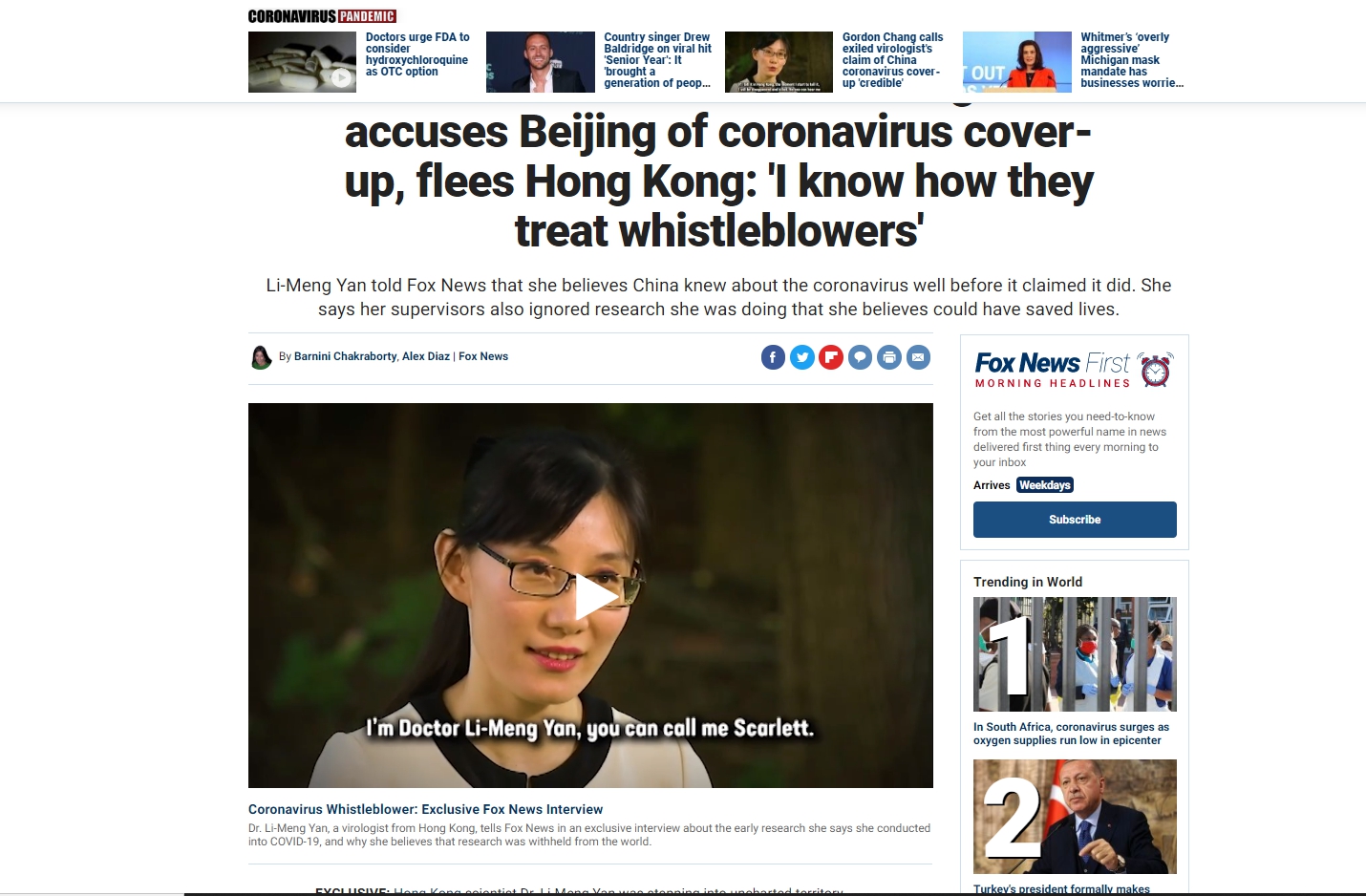 中國學者在發現中國對於疫情的控制與機密後,逃亡至美國爆料許多真相。(翻攝FOX NEWS官網)