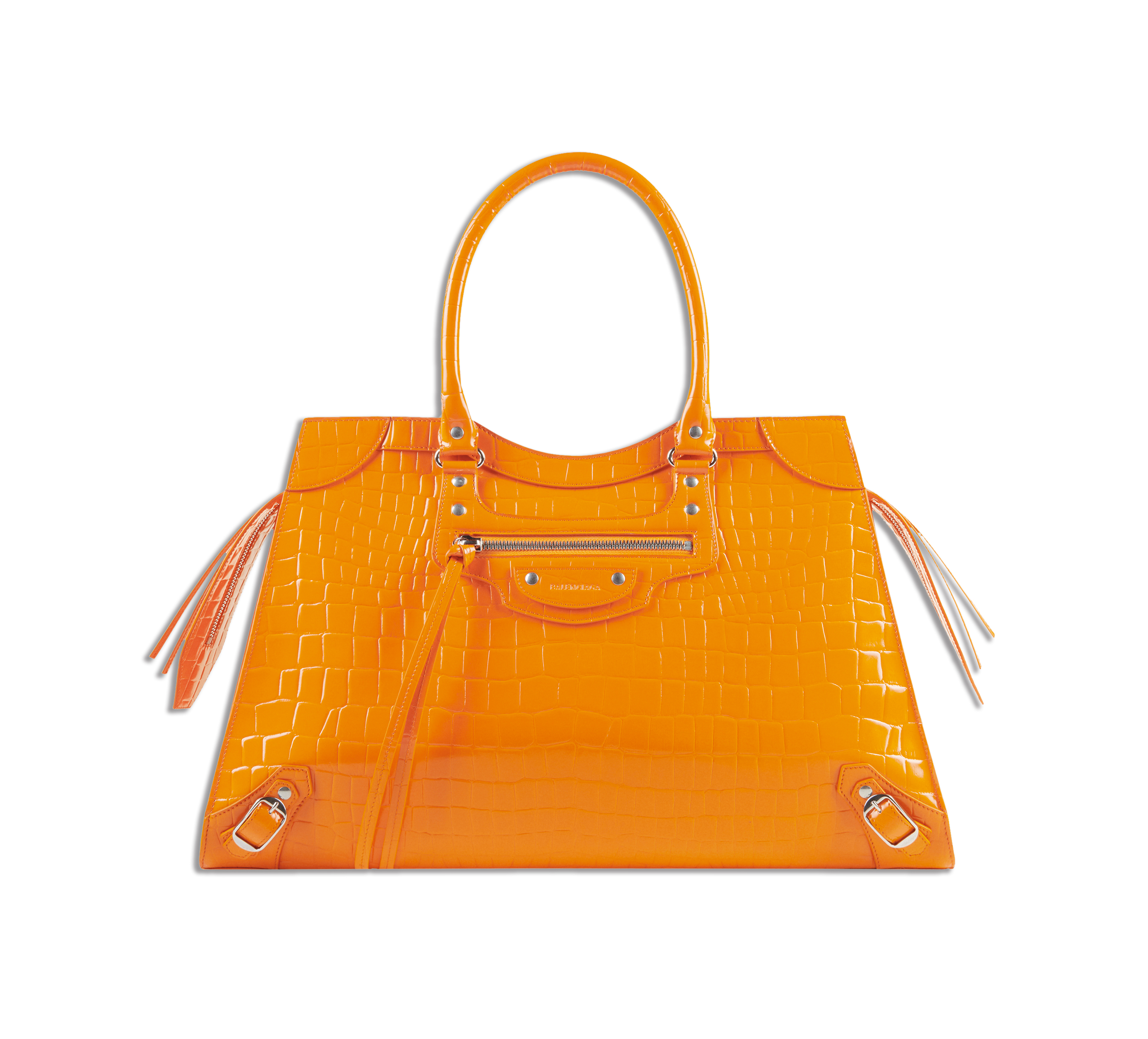 橘色小牛皮壓紋新款機車包。NT$78,850（Balenciaga提供）