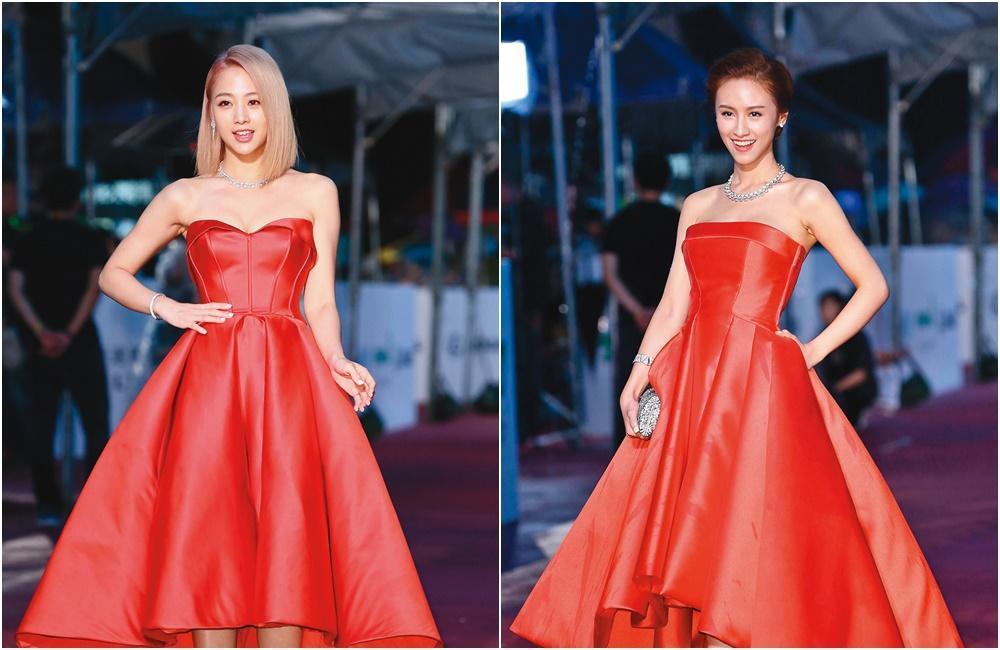 吳姍儒與鬼鬼吳映潔「雙吳」在金鐘紅毯居然選穿款式高度相似的紅色禮服,還都以鑽石項鍊來搭配。(資料照)