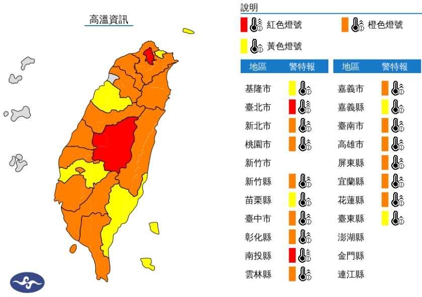 今全天高溫，除了新竹以外，都被列入高溫警示範圍之內。（翻攝自衝央氣象局）