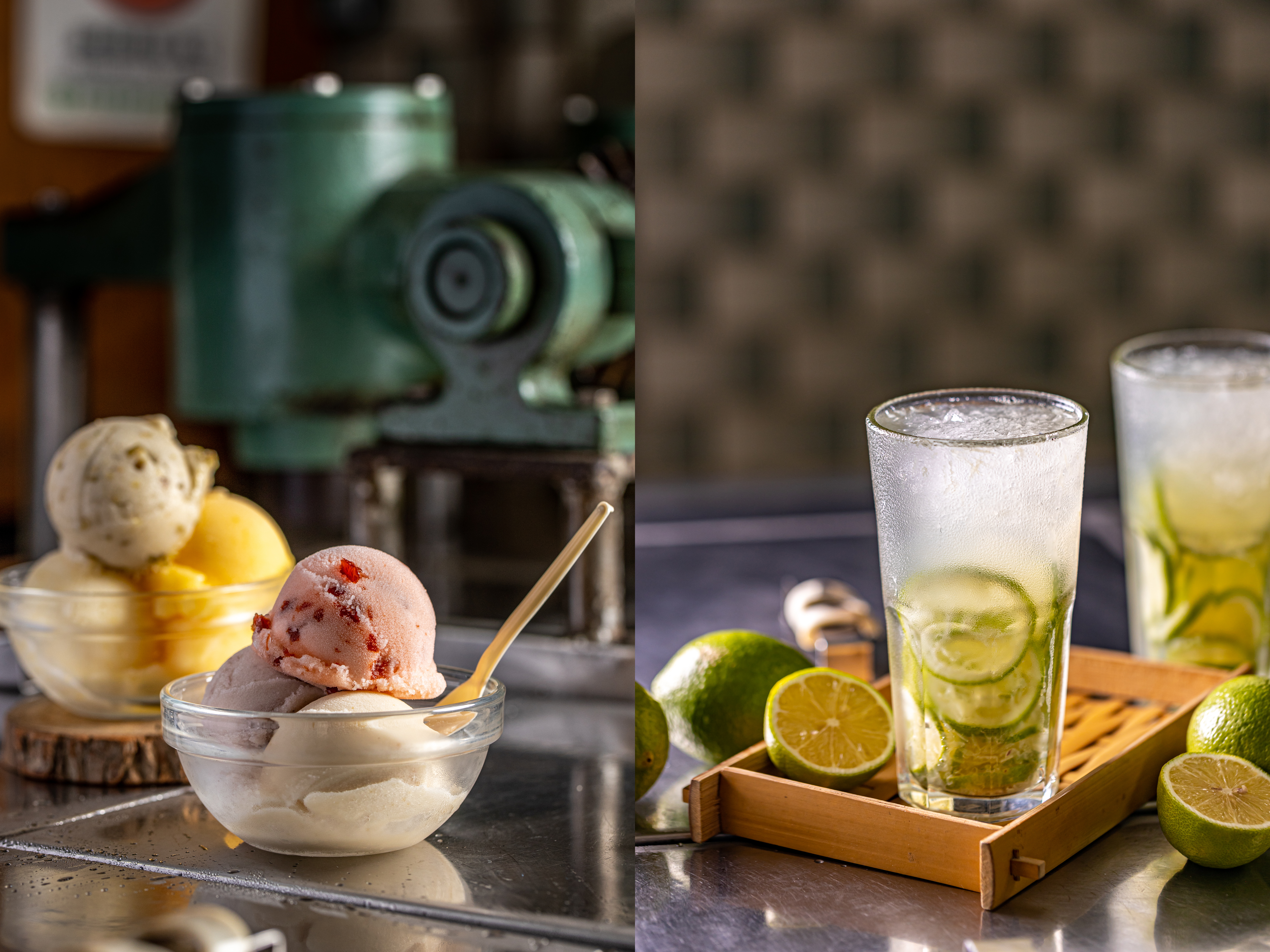 從日治時代就存在的龍潭老冰店「松屋冰菓店」，「雪冰」（左）和「檸檬汁」（右）多年來人氣不墜。