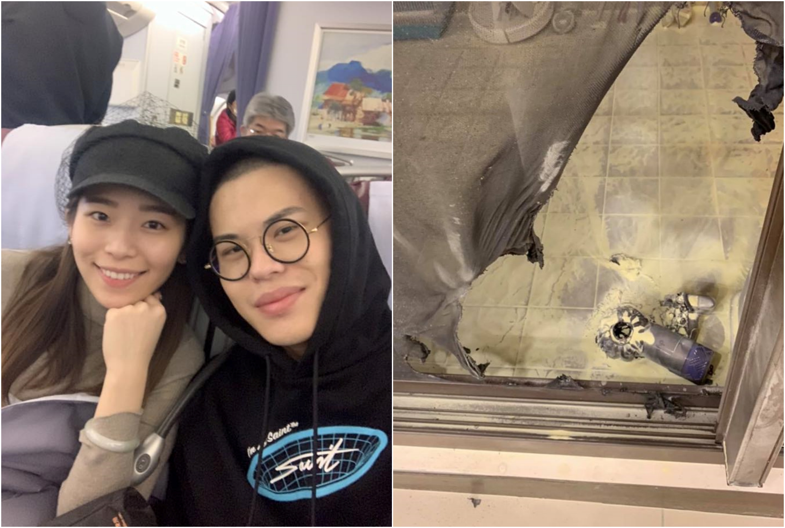 網紅聖結石和老婆嘟嘟承租北市的房子發生火警,沒有插電的吸塵器竟自燃爆炸。(翻攝聖結石臉書)