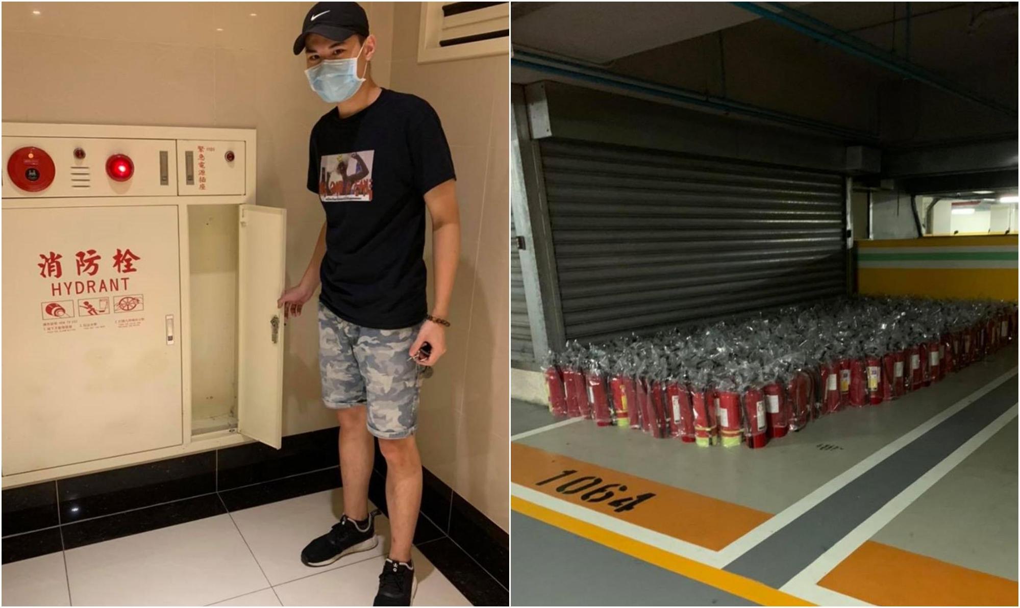 聖結石表示,大樓內都找不到滅火器,一直到地下1樓才發現。(翻攝聖結石臉書)