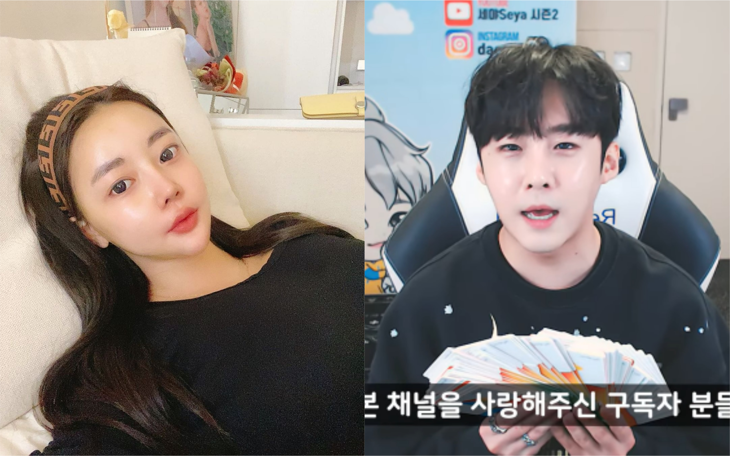直播主朴素恩（左圖）自殺身亡，她的劈腿對象SEYA因此遭到攻擊，決定暫時停工。（左圖翻攝朴素恩Instagram，右圖翻攝SEYA YouTube畫面）