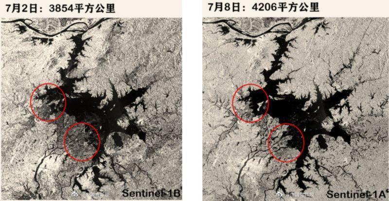 鄱陽湖水系面積變化，可從衛星雲圖明顯可見經過連日暴雨後，有擴大趨勢。（翻攝自中青報微博）