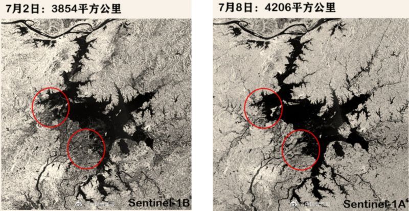 鄱陽湖水系面積變化，可從衛星雲圖明顯可見經過連日暴雨後，有擴大趨勢。（翻攝自中青報微博）