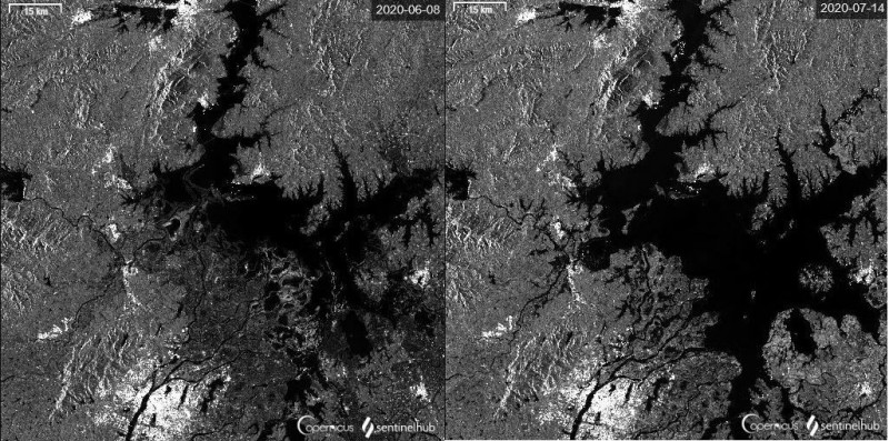 鄱陽湖水系面積因洪水灌入，與歷史同期平均值的3,510平方公里擴大25%。（翻攝自微博）