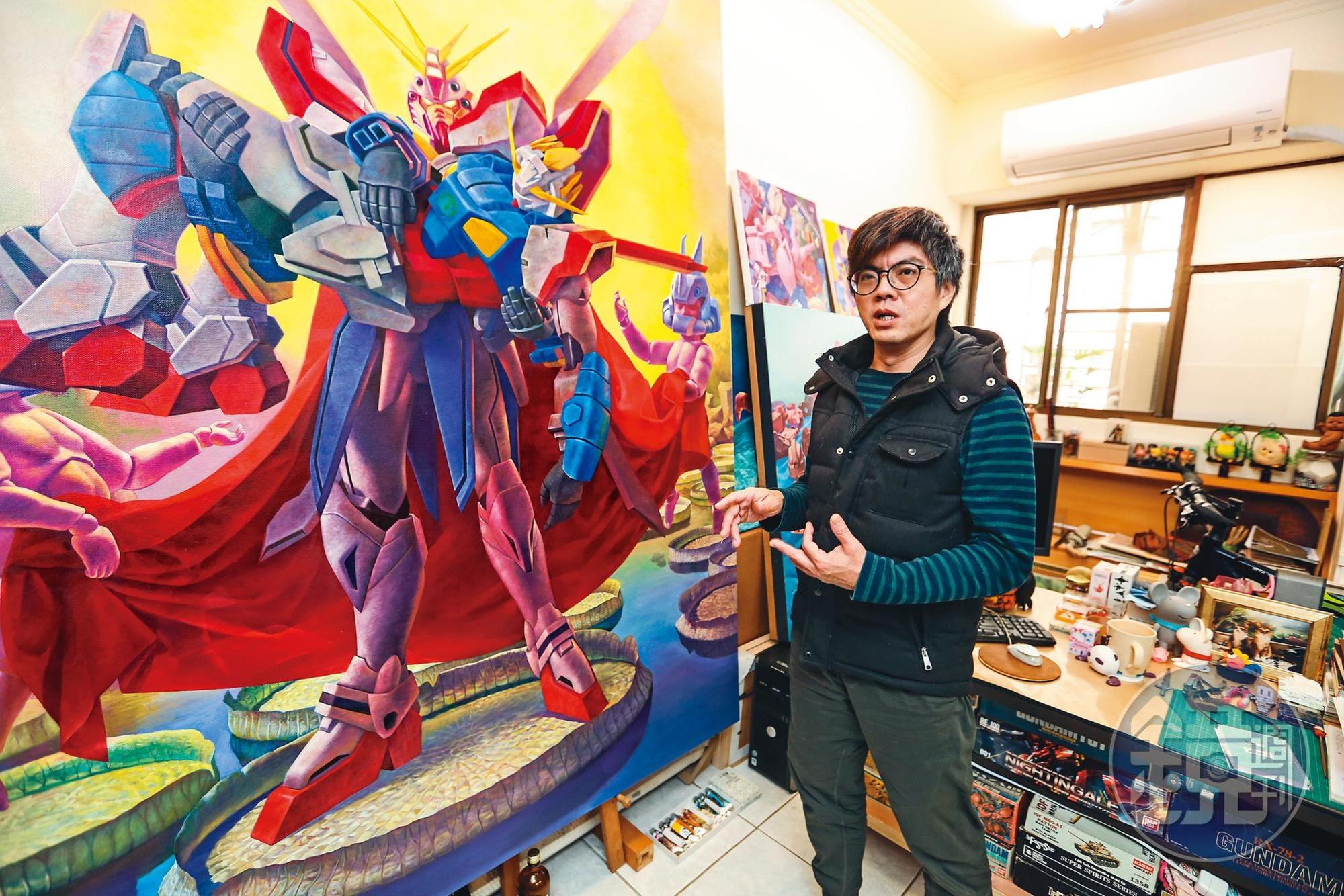這幅站在大王蓮花上的機器人，許智瑋說它的概念是「神」，兩邊拉著斗篷的則是天使。