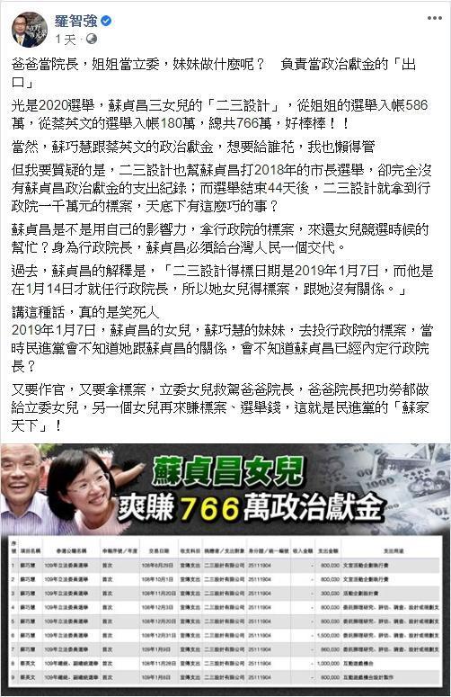 羅智強於臉書發文又開直播，質疑蘇貞昌利用影響力還女兒的人情。（翻攝自羅智強臉書）