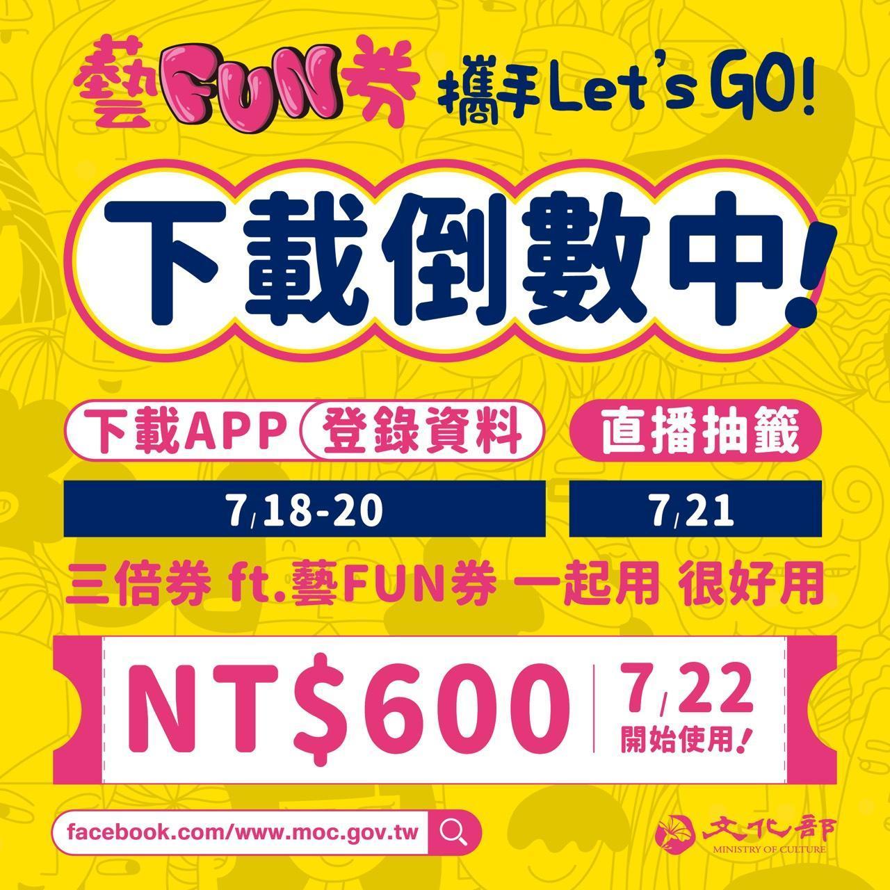 文化部發放200萬份，每張面額600元的「藝FUN券」。（翻攝自文化部官網）