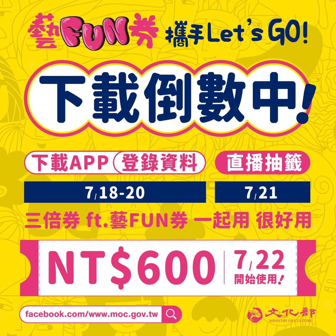 文化部發放200萬份，每張面額600元的「藝FUN券」。（翻攝自文化部官網）