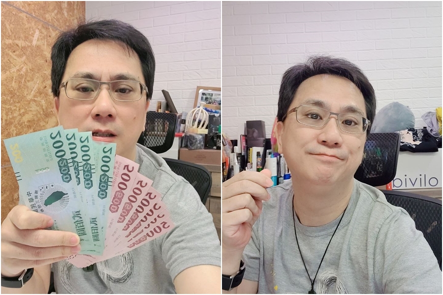 網紅「486先生」13日在臉書po出手拿三倍券照片遭質疑「超前振興」，他澄清是P圖卻拿出一張非原圖照片（右圖）。（翻攝486先生臉書）