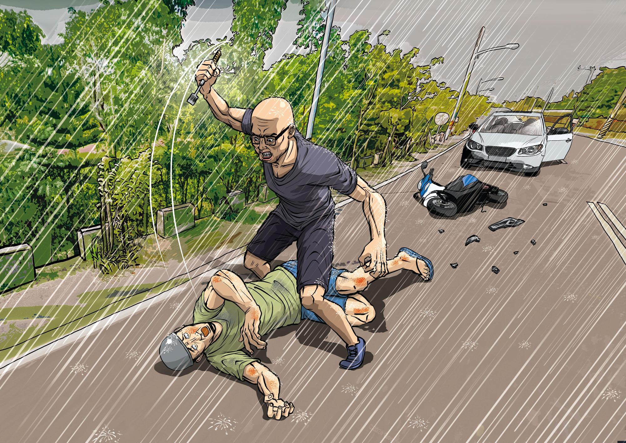 黃男(上)得知林男(下)行蹤後,開車衝撞林男的機車,並持刀將他刺死。