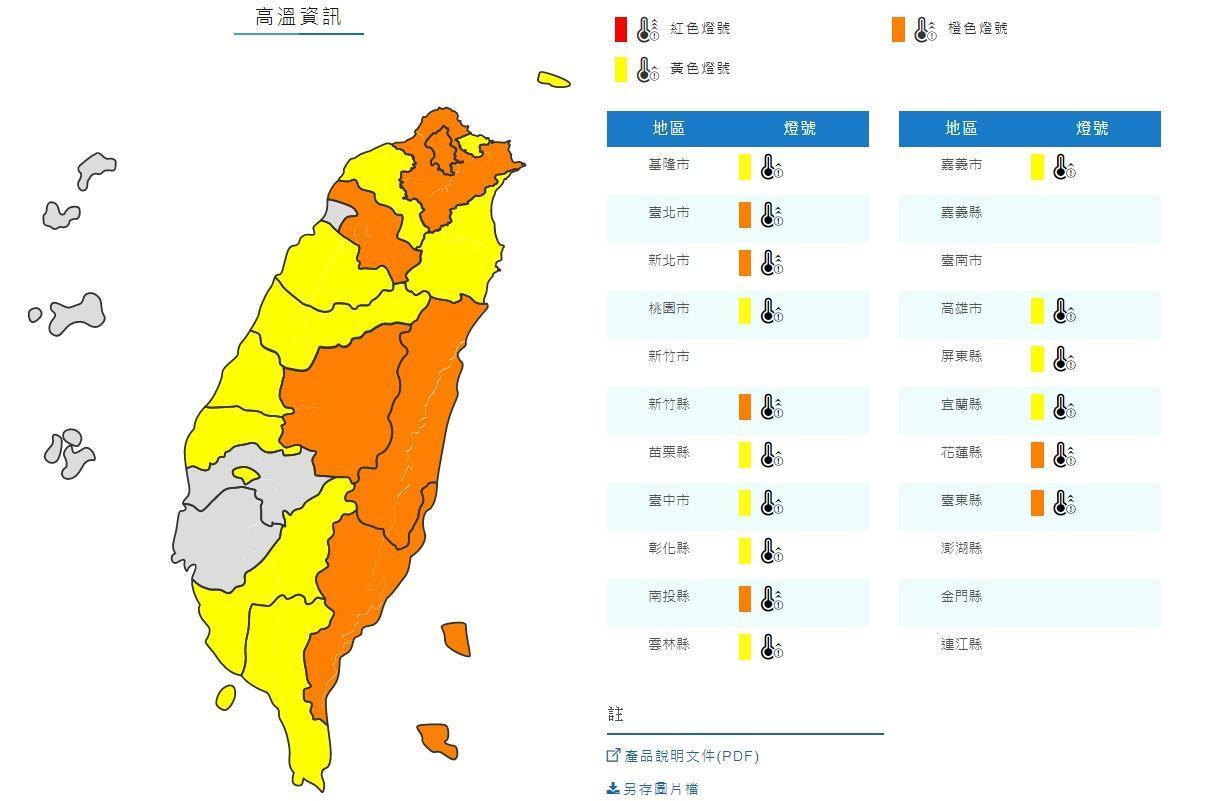 氣象局對16個縣市發布高溫警訊,提醒民眾外出留意。(翻攝自氣象局官網)