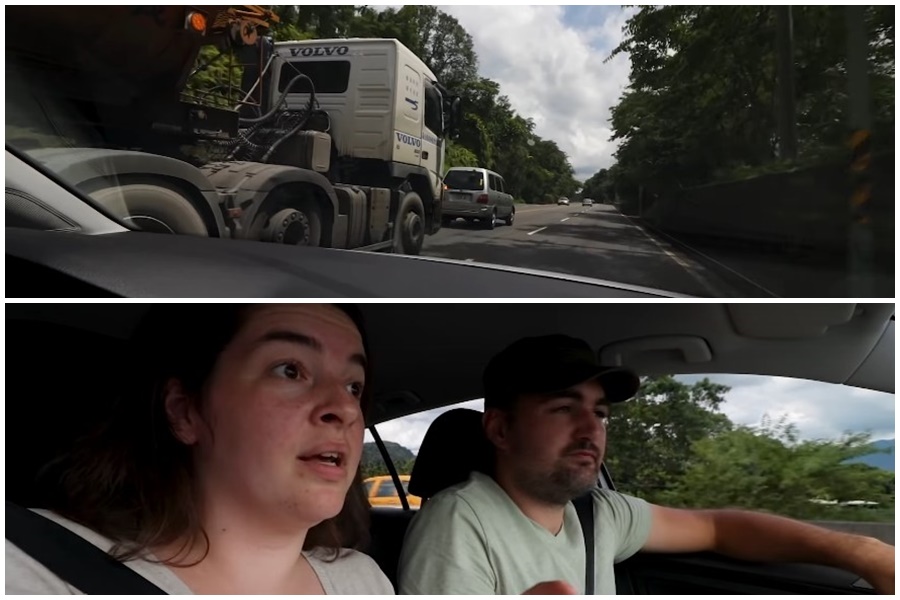 一對比利時情侶檔Youtuber「Naick & Kim」日前開車行經南投縣日月潭附近，卻連續遭2輛砂石車惡意逼車。（Naick & Kim Youtube頻道）