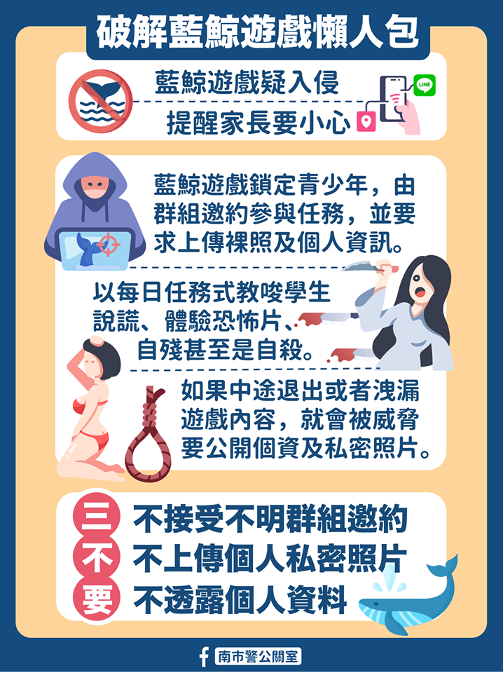 南市警公關室推出「破解藍鯨遊戲懶人包」。（翻攝臉書粉專「南市警公關室」）