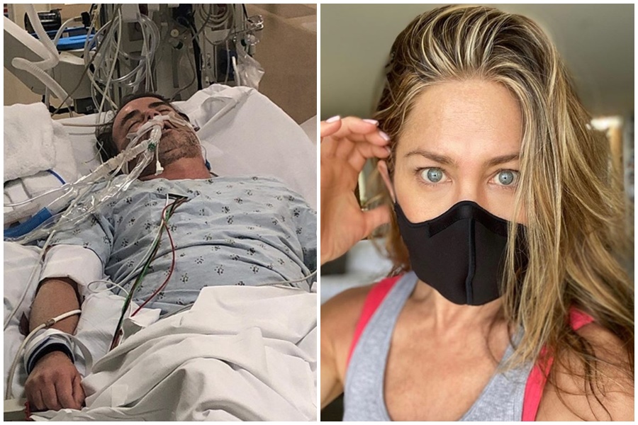 不捨原本健壯的友人染上武漢肺炎插管（左圖），珍妮佛安妮斯頓（右圖）再PO文呼籲大家戴口罩。（翻攝自jenniferaniston IG）