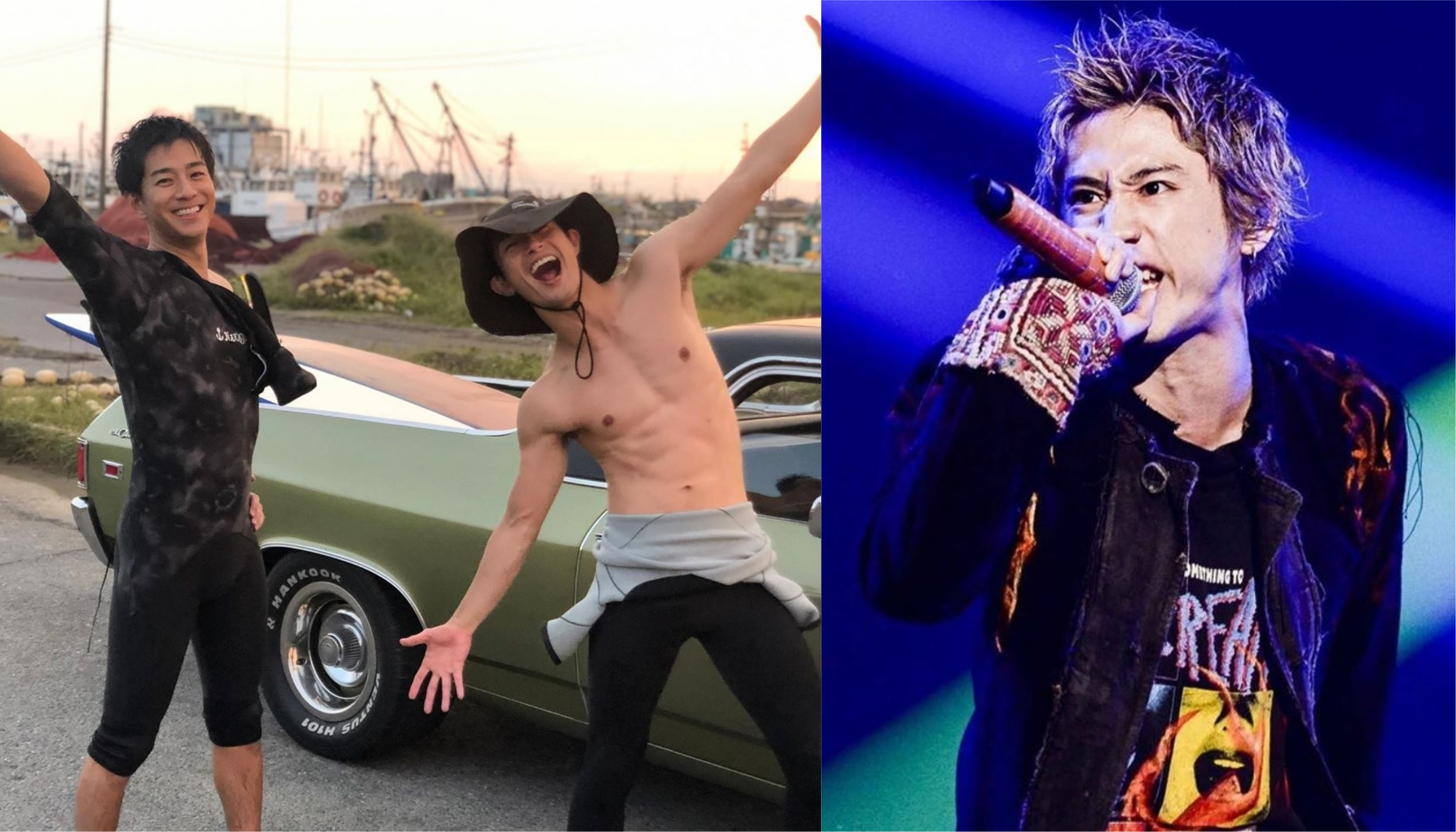 三浦翔平（左圖左）和三浦春馬兩人經常相約去衝浪，「ONE OK ROCK」主唱Taka（右圖）也是三浦春馬同經紀公司的好友。（左圖翻攝三浦翔平Instagram，右圖翻攝Taka Instagram）