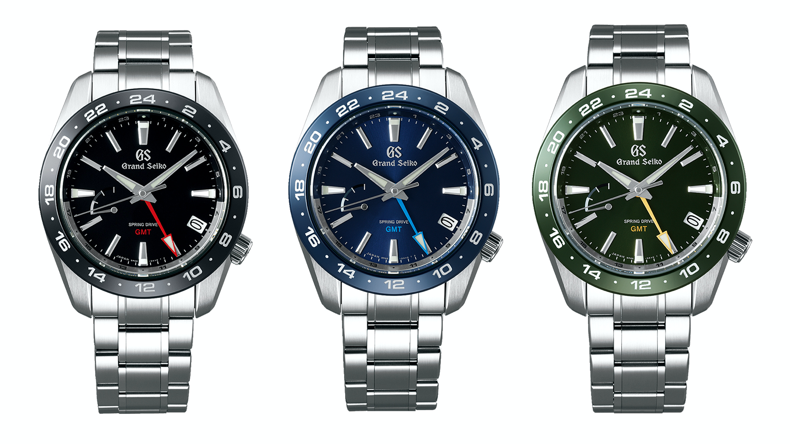 （左起）SBGE253、SBGE255、SBGE257 ｜錶徑40.5mm、不鏽鋼材質、時間及日期指示、第二地時間指示、動力儲存顯示、Spring Drive機芯9R66、防水200米、建議售價NT$ 195,000