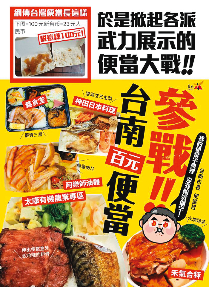 市長黃偉哲發的晚餐文,曬出百元便當澎湃菜色,引發網友熱烈討論。(臺南市政府新聞及國際關係處、臺南市政府農產行銷科)