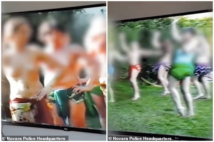 義大利警方破獲一門涉嫌性虐和施暴的邪教，曝光的影片中女信徒赤裸上半身在花園中手舞足蹈。（翻攝自網路／Novara Police Headquarters提供）