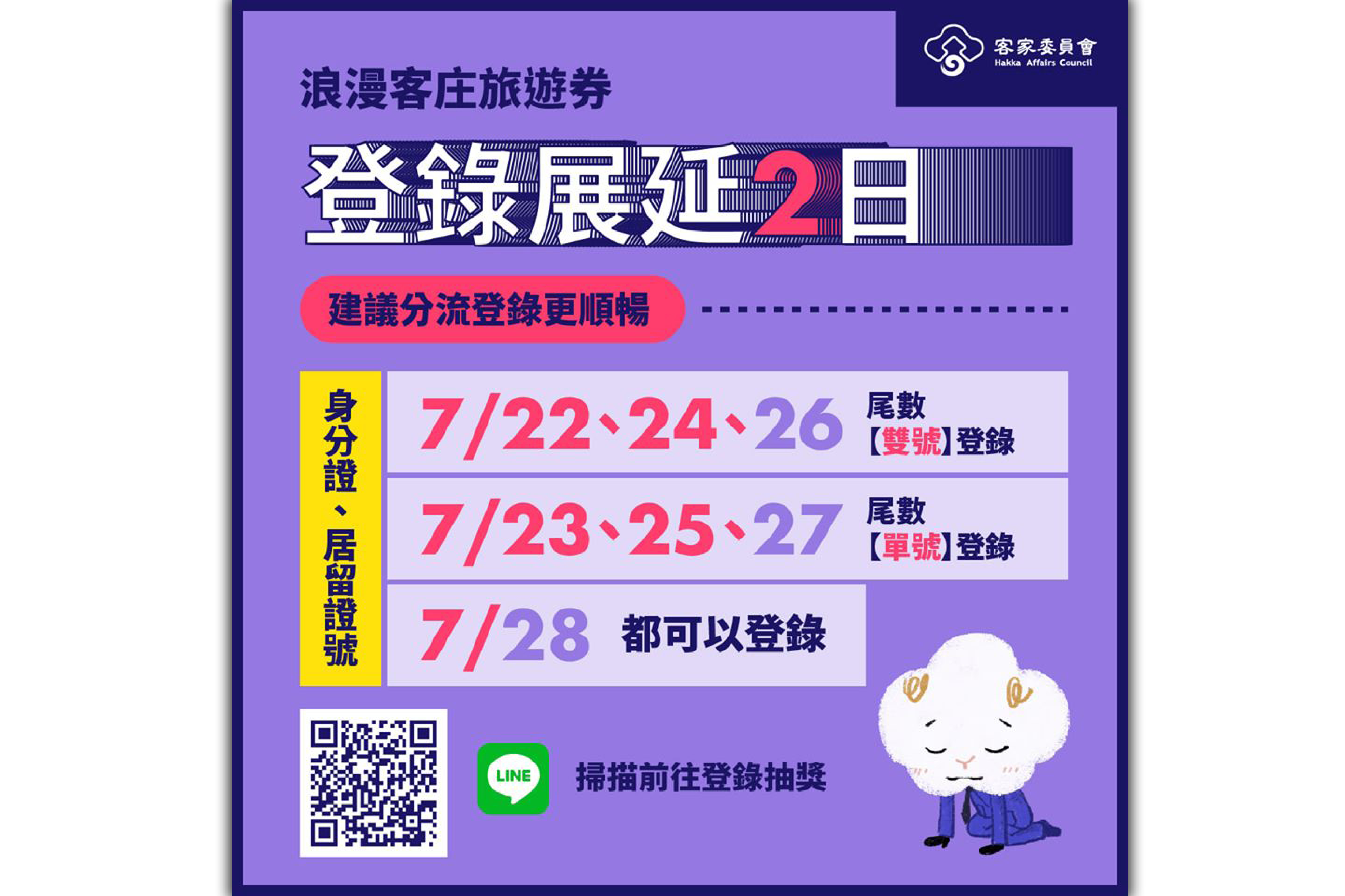 客委會「浪漫客庄旅遊券」登錄期限展延至28日，並建議民眾採分流登記。（翻攝自客家委員會 Hakka Affairs Council臉書）