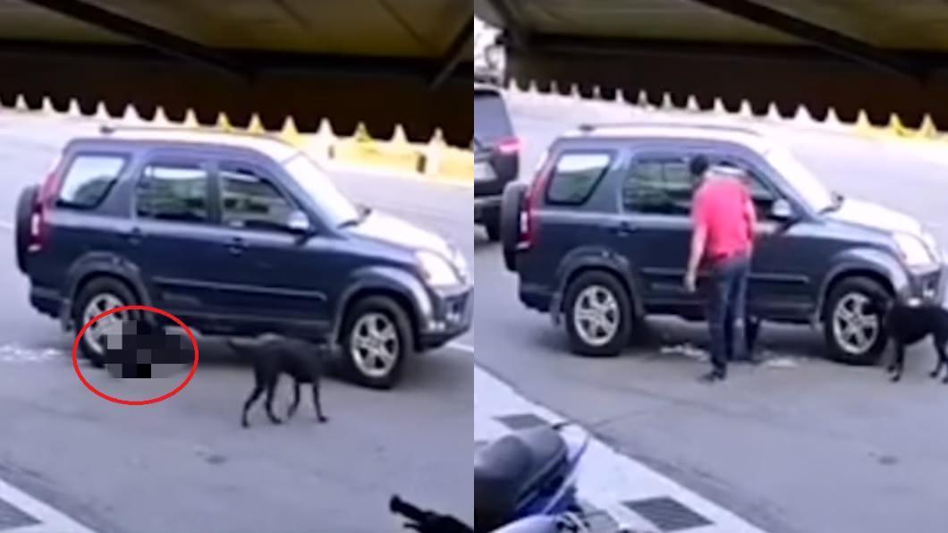 基隆七堵一名紅衣男用車2度輾狗,下車後還無情地用腳踹狗(翻攝自新竹爆料公社)