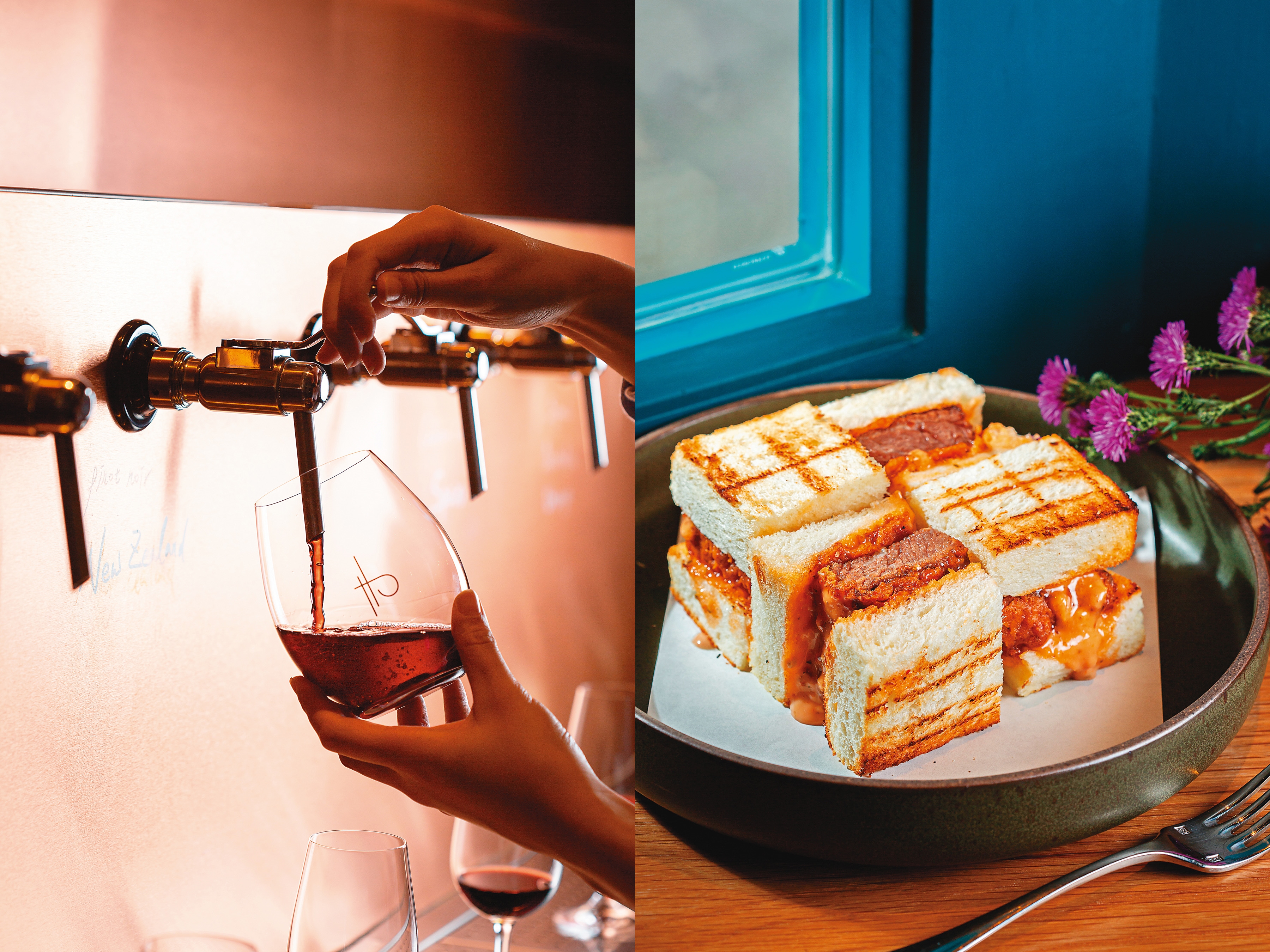 （左圖）紐西蘭Pinot Noir，具有蔓越莓、紅醋栗及甘草風味。（280元／150ml）（右圖）以日式做法料理的「炸牛排三明治」，是非瓶的招牌菜色之一。（760元／份）