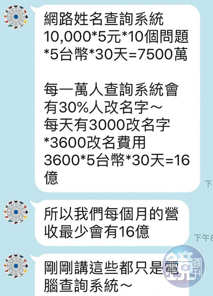 張定瑋的助理在群組裡宣稱,他們研發的算命軟體在大陸月營收超過新台幣16億元。(讀者提供)