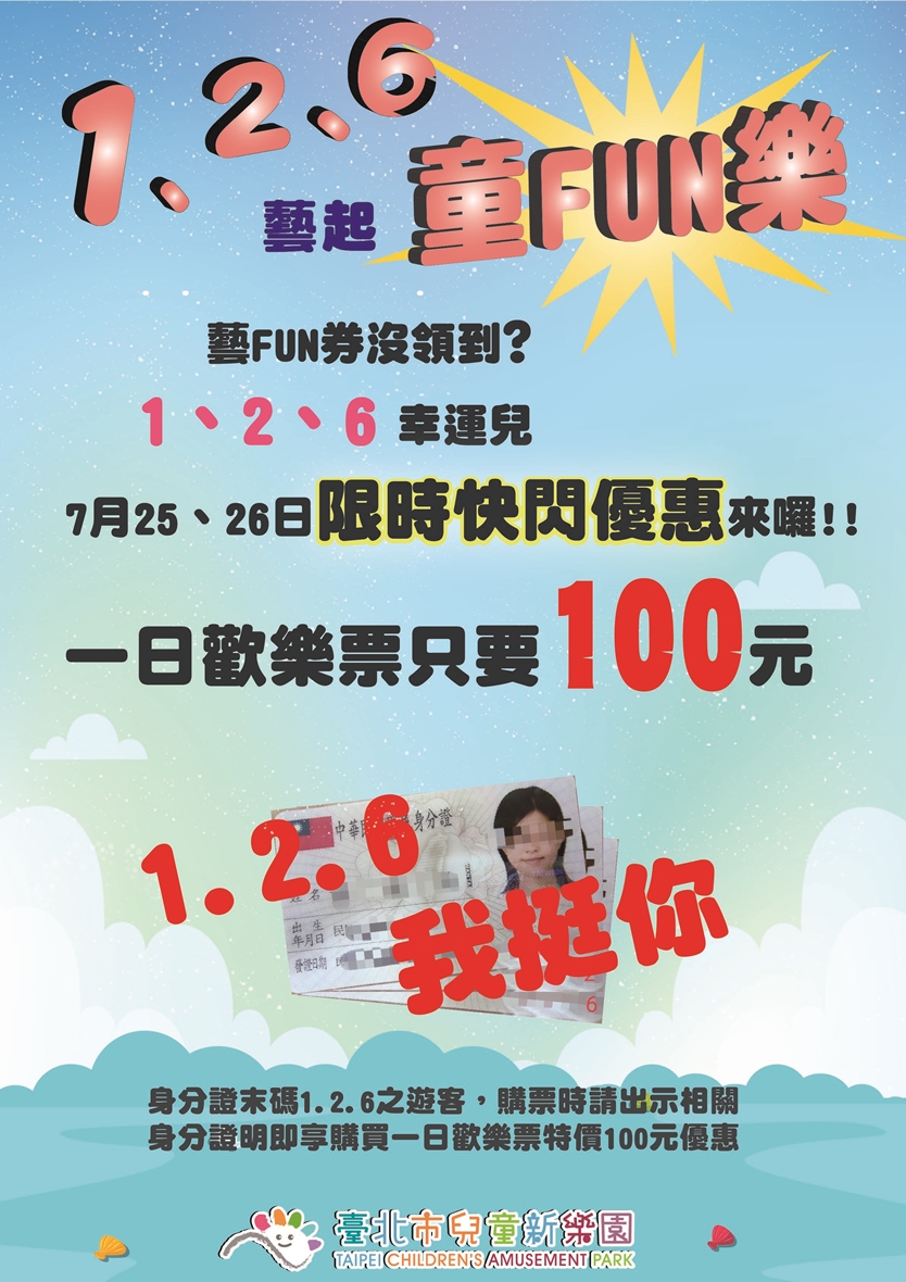 身分證字號尾數1、2、6的民眾,25日與26日只要花100元就能購買兒童新樂園原價350元的「一日歡樂票」。(北捷提供)