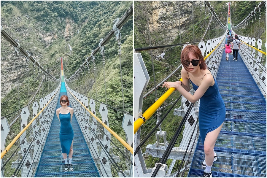 舒子晨穿著開高衩的洋裝走吊橋，大方露出美腿。（翻攝自舒子晨IG）