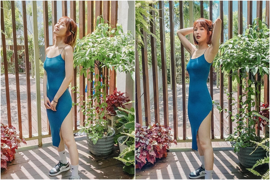 舒子晨身穿藍綠色細肩帶洋裝，貼身設計讓她的曲線一覽無遺。（翻攝自舒子晨IG）