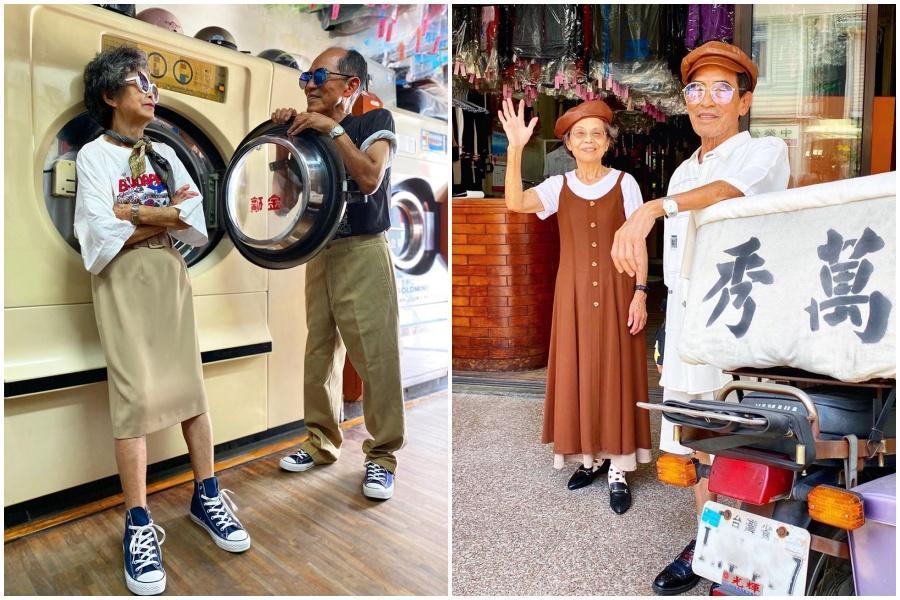 83歲阿公萬吉和84歲阿嬤秀娥利用洗衣店客人未取的衣服拍穿搭,意外在IG爆紅。(翻攝自IG「wantshowasyoung」)