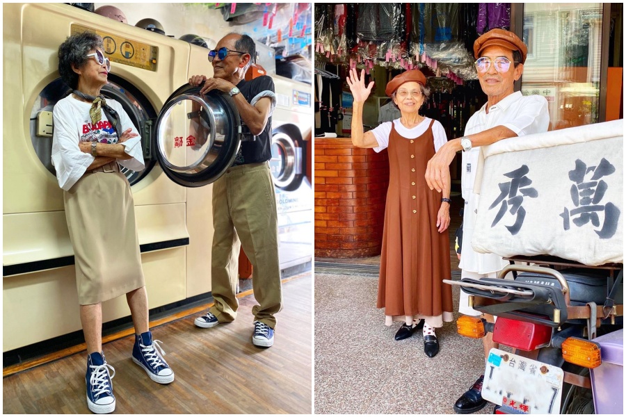 83歲阿公萬吉和84歲阿嬤秀娥利用洗衣店客人未取的衣服拍穿搭，意外在IG爆紅。（翻攝自IG「wantshowasyoung」）