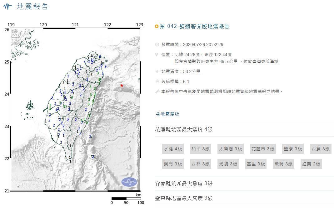 26日20:52東部海域發生中型有感地震。(翻攝中央氣象局)