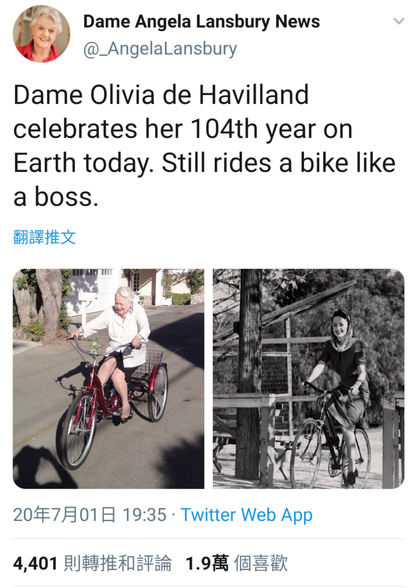 去年奧莉薇亞還輕鬆地騎腳踏車逛大街,年過百歲的她身體一向很健旺。(翻攝自twitter)