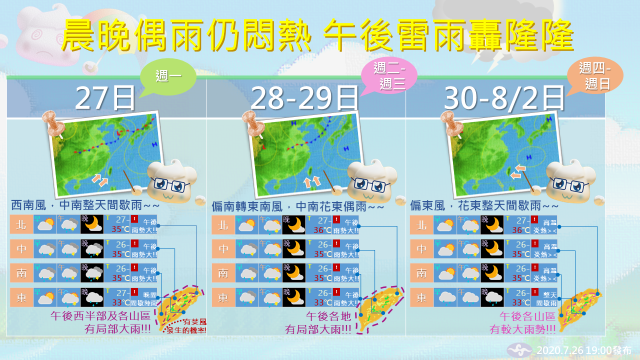 中央氣象局提醒，週三以前西半部天氣較不穩定，午後雨勢較為劇烈。（翻攝自中央氣象局臉書）
