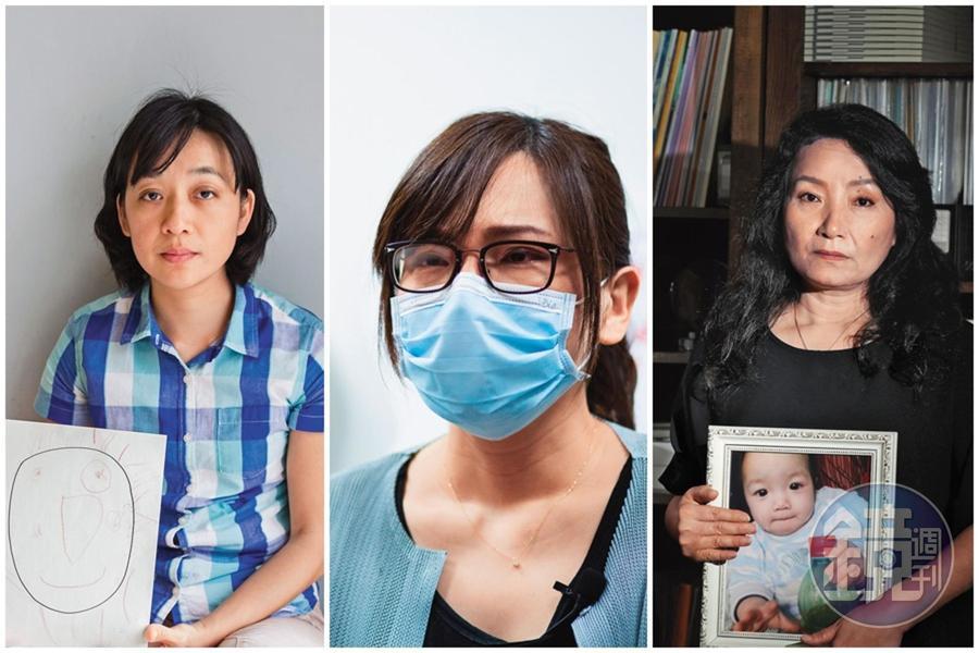 王婉諭手持小燈泡繪圖（左起），叡叡媽媽淑蓉提起孩子泣不成聲，王薇君拿著姪子王昊的照片，但她們持續往前為被害人家屬爭取法定權益。