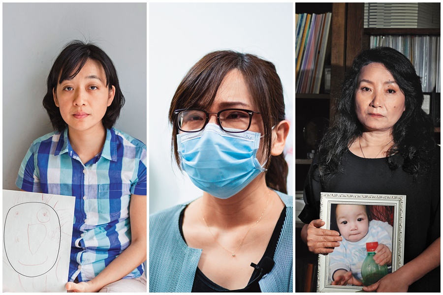 王婉諭手持小燈泡繪圖（左起），叡叡媽媽淑蓉提起孩子泣不成聲，王薇君拿著姪子王昊的照片，但她們持續往前為被害人家屬爭取法定權益。