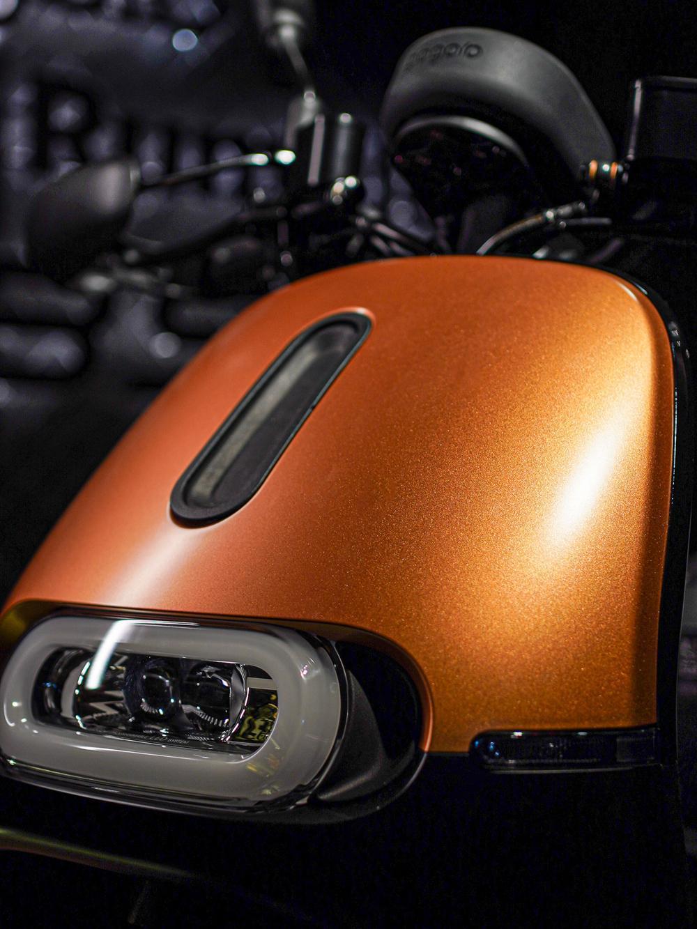 Gogoro 2 Rumbler ABS 閃霧銅的車身運用大量的消光霧黑套件，包括潮流防護手把、極簡流線後扶把等。