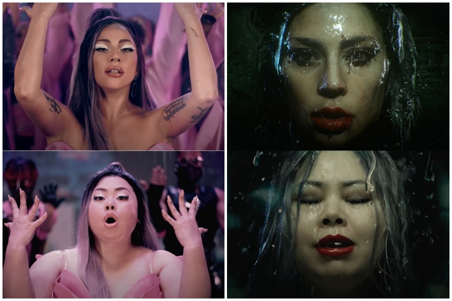 女神卡卡的原版〈Rain on Me〉造型（左、右上圖），渡邊直美的翻拍版造型（左、右下圖）。（翻攝Naomi Watanabe官方YouTube、Lady Gaga官方YouTube）