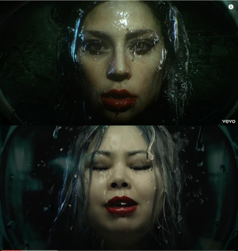 女神卡卡的原版〈Rain on Me〉造型(上),渡邊直美的翻拍版造型(下)。(翻攝Naomi Watanabe官方YouTube、Lady Gaga官方YouTube)