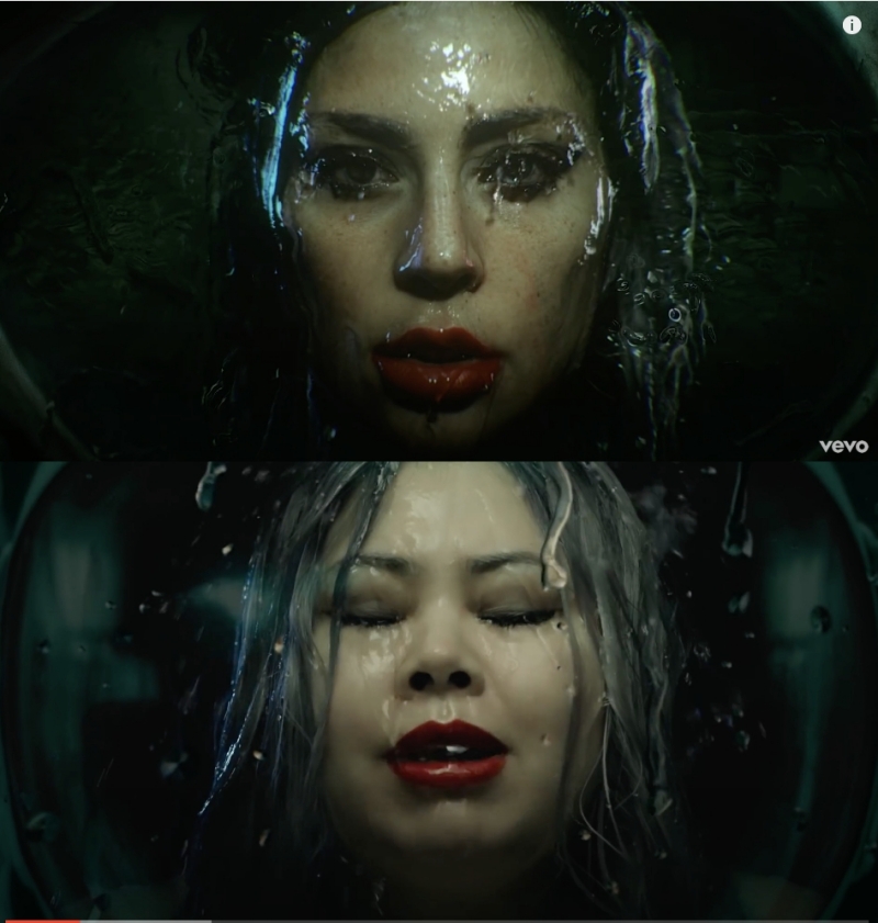 女神卡卡的原版〈Rain on Me〉造型（上），渡邊直美的翻拍版造型（下）。（翻攝Naomi Watanabe官方YouTube、Lady Gaga官方YouTube）