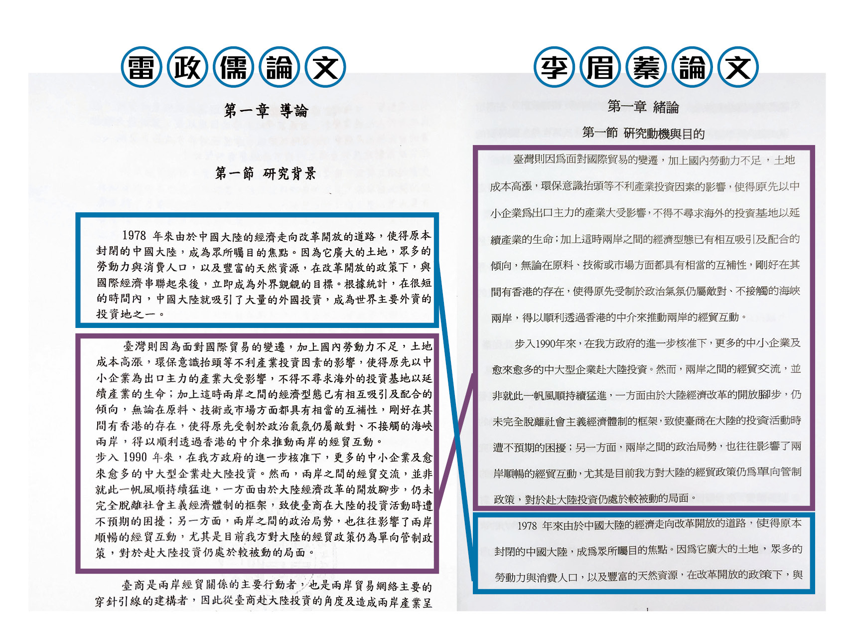 本刊比對李眉蓁與雷政儒的論文,發現李有96%都是複製貼上,甚或調動段落。