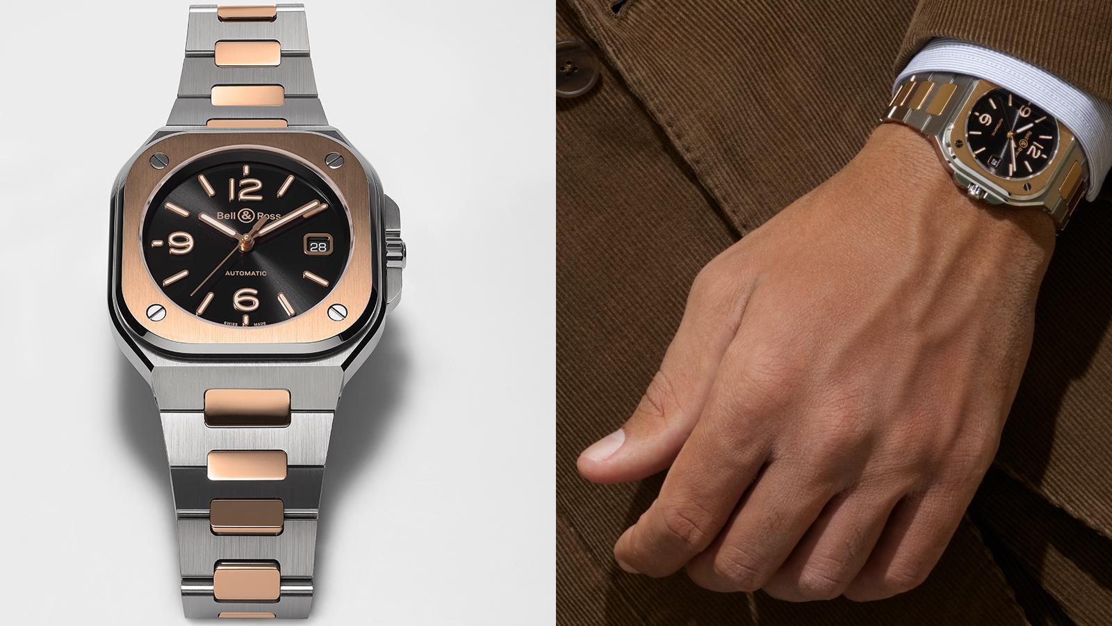 BR 05 Steel & Gold | 錶徑40mm、不鏽鋼及18K玫瑰金材質、時間及日期指示、BR Cal.321自動上鏈機芯、防水100米、建議售價NT$ 360,000