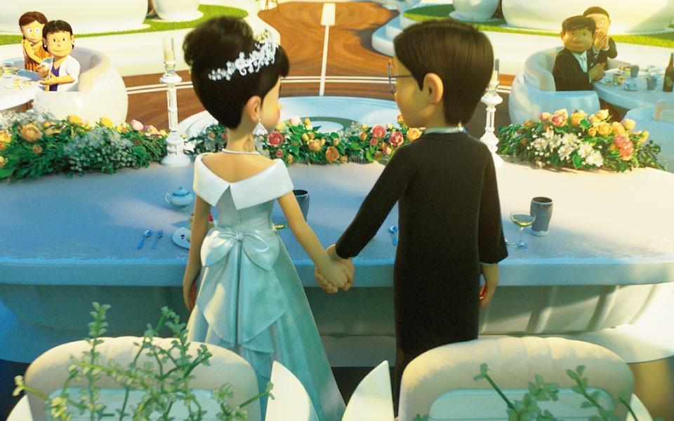 大雄(右)和靜香在最新曝光的劇照中順利舉行婚禮。(翻攝《STAND BY ME 哆啦A夢2》官網)