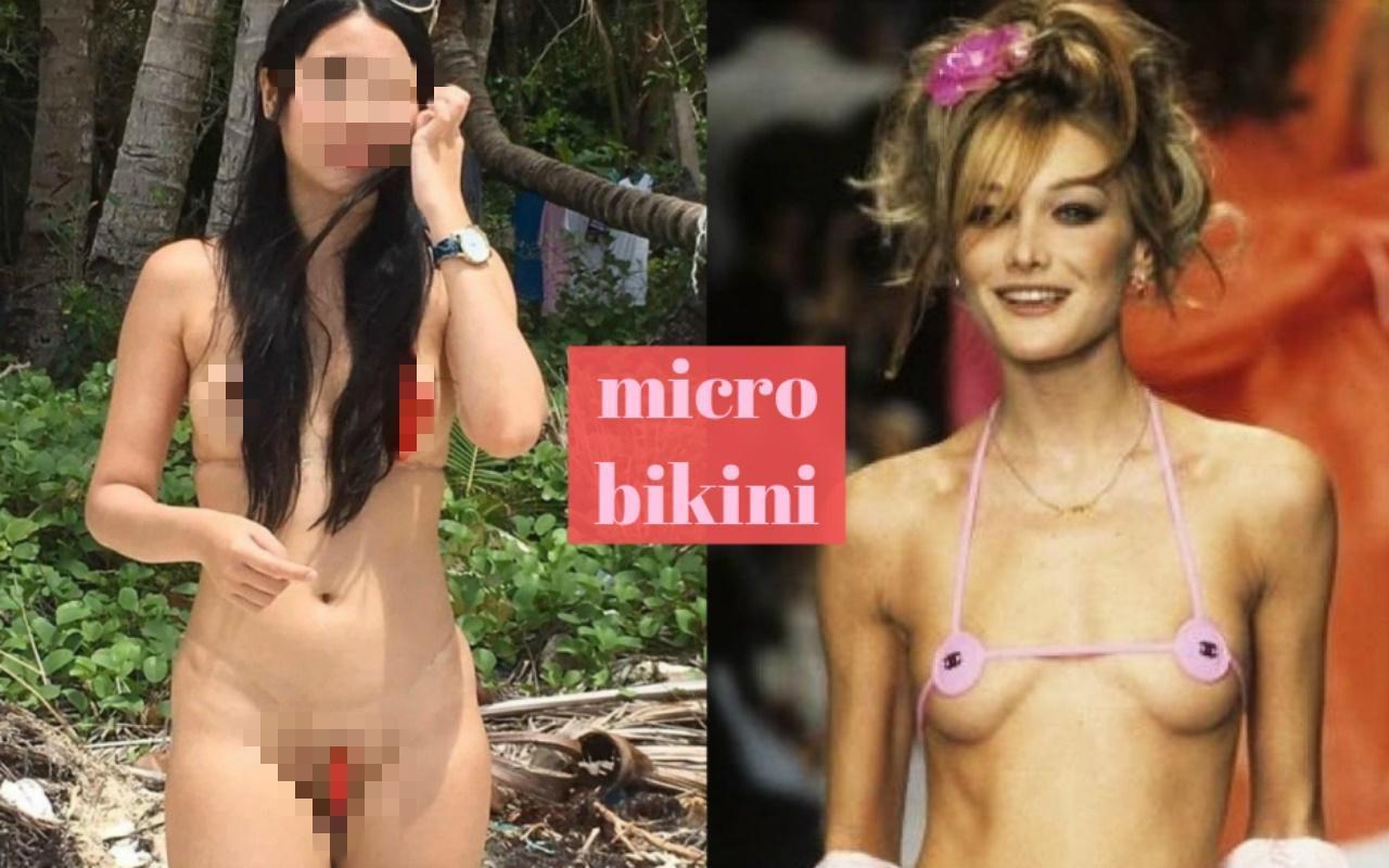 林姓台女(左圖)在長灘島穿著一條線比基尼,引發台菲兩國暴動!法國前第一夫人卡拉布魯尼(右圖)1996年展示香奈兒微型比基尼。(翻攝自PTT、Pinterest)