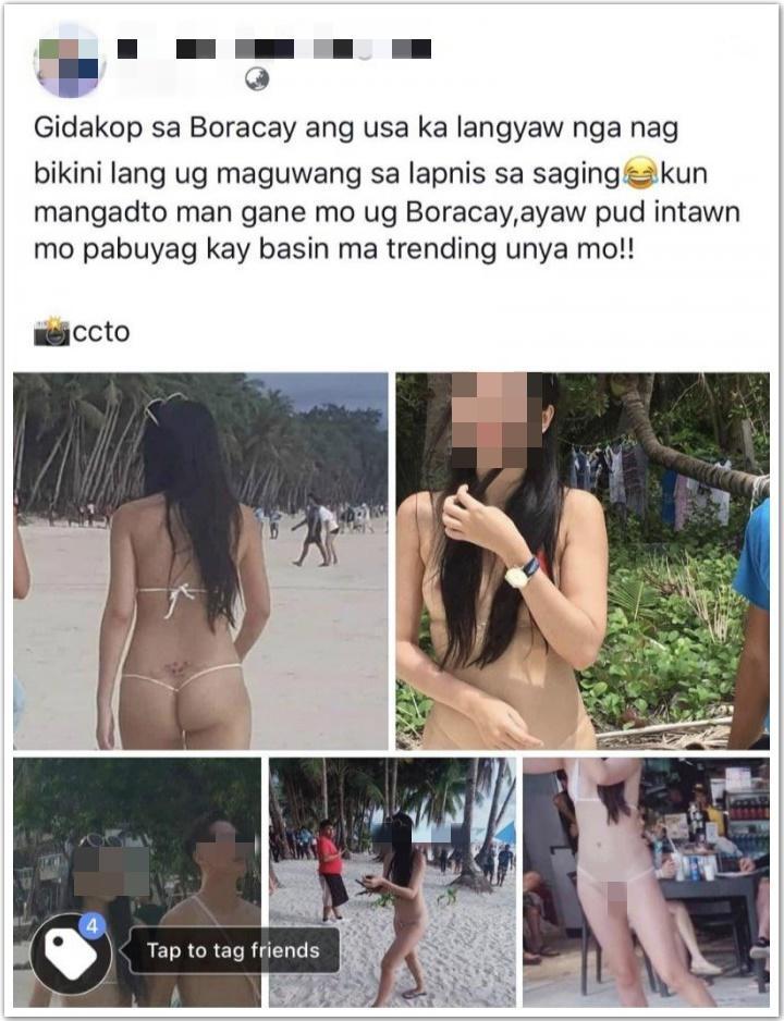林姓正妹在長灘島穿著一條線比基尼,引人側目疑似被偷拍,登上菲國社群網站,讓外國見識到麼叫「辣台妹」。(翻攝自臉書)