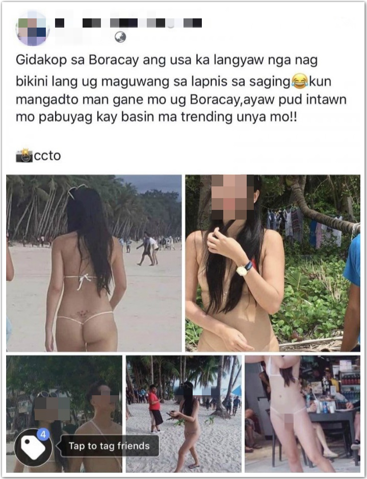 林姓正妹在長灘島穿著一條線比基尼,引人側目疑似被偷拍,登上菲國社群網站,讓外國見識到麼叫「辣台妹」。(翻攝自臉書)